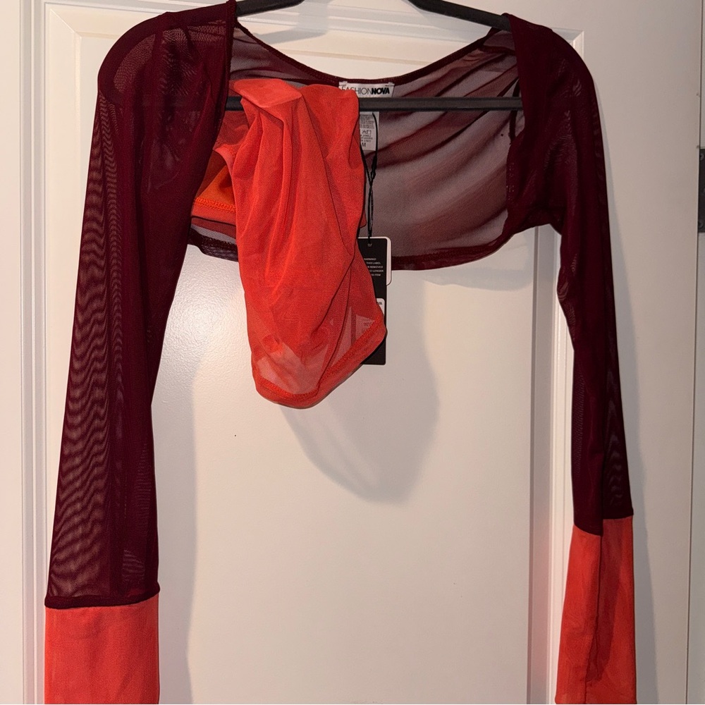 Fashion Nova Maroon and Orange Sheer Crop Top